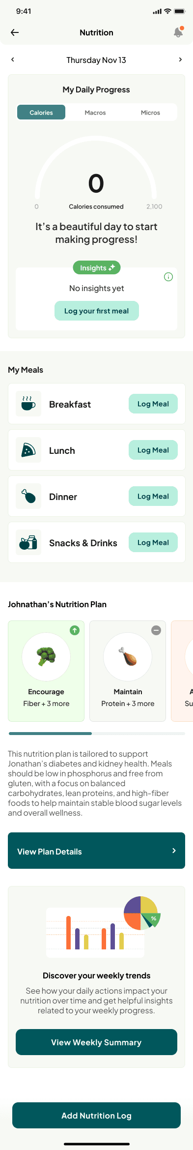 The nutrition screen with nothing logged: a daily progress dial reading 0 of 2,100 calories consumed, and a button to log the first meal.