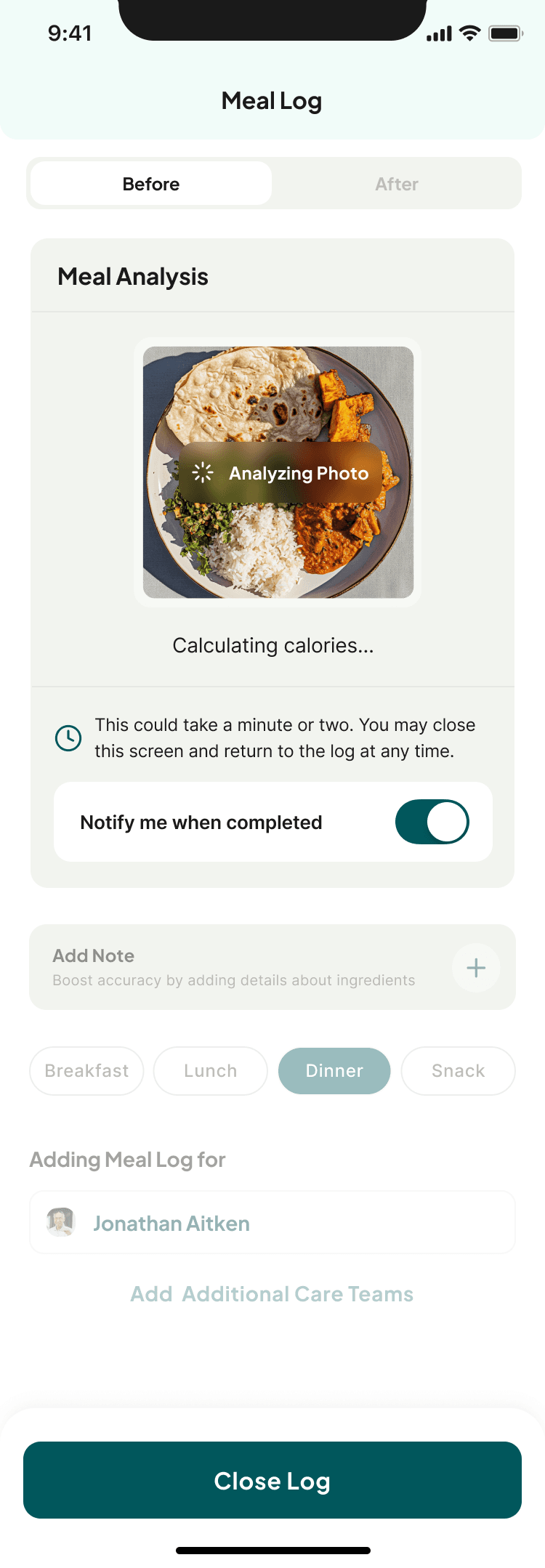 The meal log mid-analysis: a photograph of a plate overlaid with “Analyzing Photo”, the line “Calculating calories…”, and a “Notify me when completed” switch.