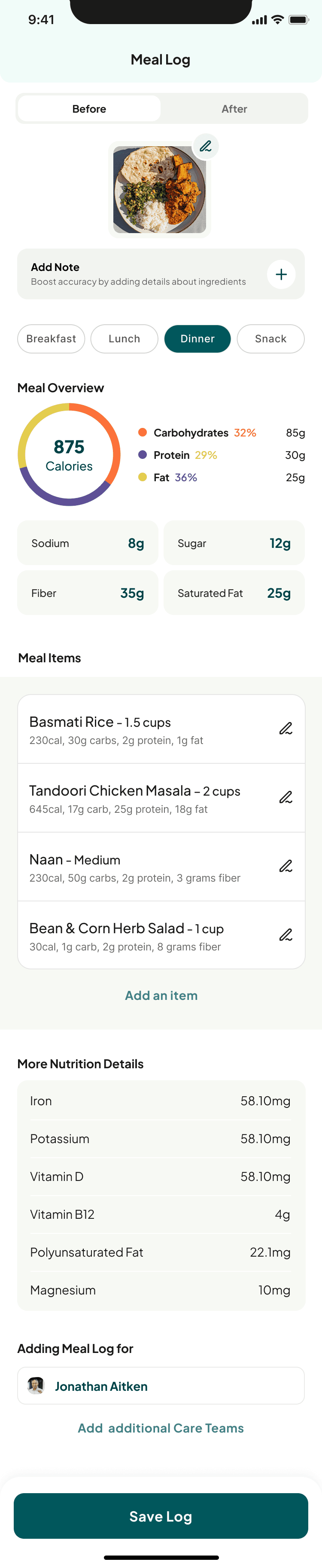 The meal log’s Before tab: the plate as it was served, a meal overview dial reading 875 calories, and every item listed with its own macros.