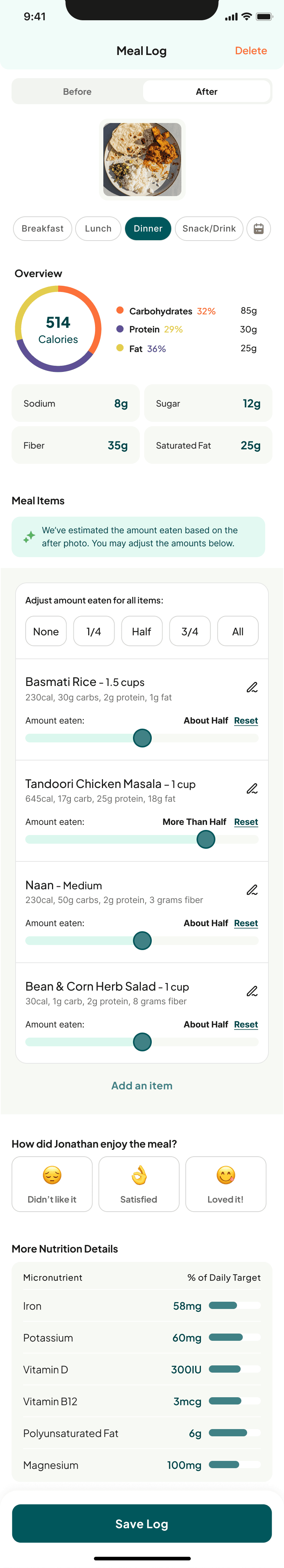 The meal log’s After tab: the same plate partly eaten, an overview dial reading 514 calories, and an “amount eaten” slider on each item.